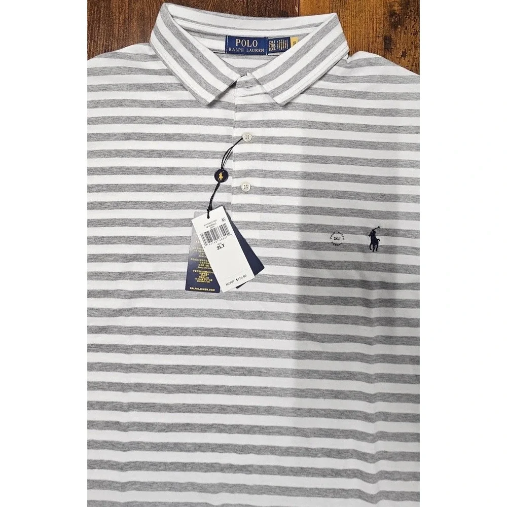 Polo Ralph Lauren Mens Gray Striped Performance Polo Shirt‎ Stretch Size 2XL NWT